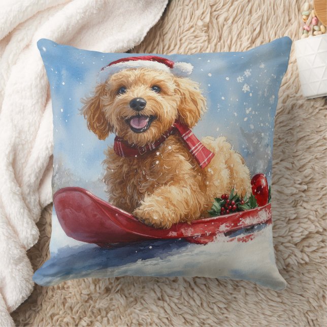 Goldendoodle Hund i Släde Låt det Snöa Jul Kudde (Filt)