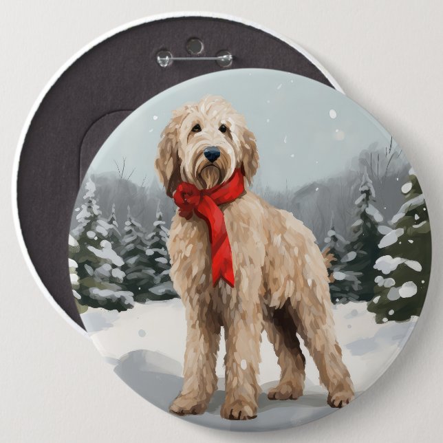 Goldendoodle Hund i Snö Jul  Knapp (Framsida & baksida)