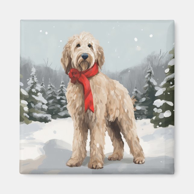 Goldendoodle Hund i Snö Jul Magnet (Framsidan)