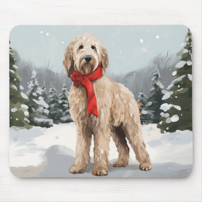 Goldendoodle Hund i Snö Jul Musmatta (Framsidan)