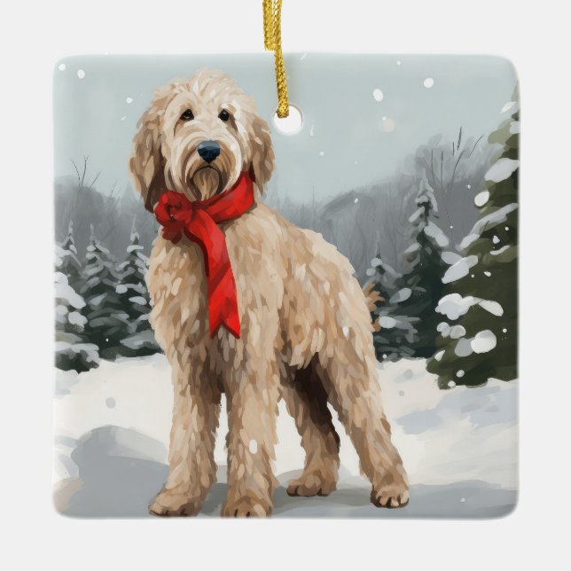 Goldendoodle Hund i Snö-julen Julgransprydnad Keramik (Framsida)
