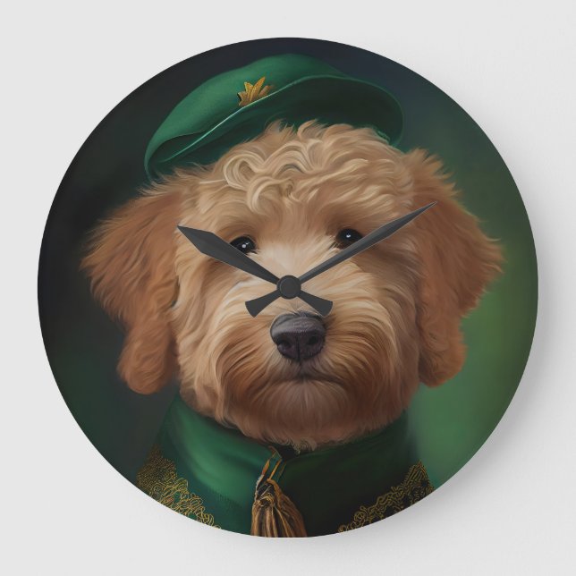 Goldendoodle hund i St. Patrick's Day klänning Stor Klocka (Framsida)
