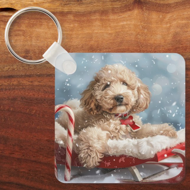 Goldendoodle Hund Jul Festlig Nyckelring (Framsida)