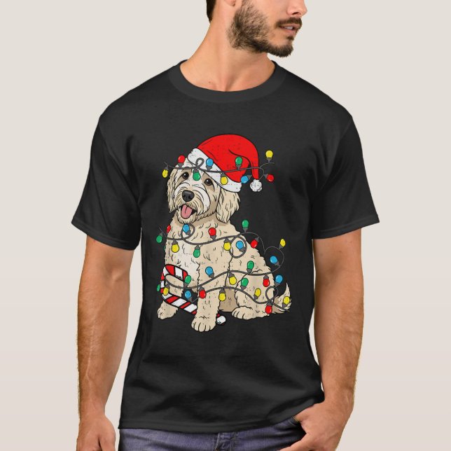 Goldendoodle Hund jul Ljus Santa Julafton Pet D T Shirt (Framsida)