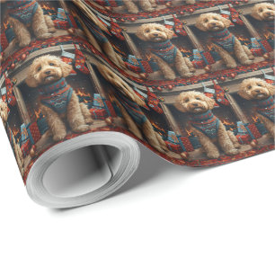 Goldendoodle Hund Med Julpresenter Öppen Spis Presentpapper