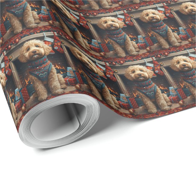 Goldendoodle Hund Med Julpresenter Öppen Spis Presentpapper (Rulle Hörn)