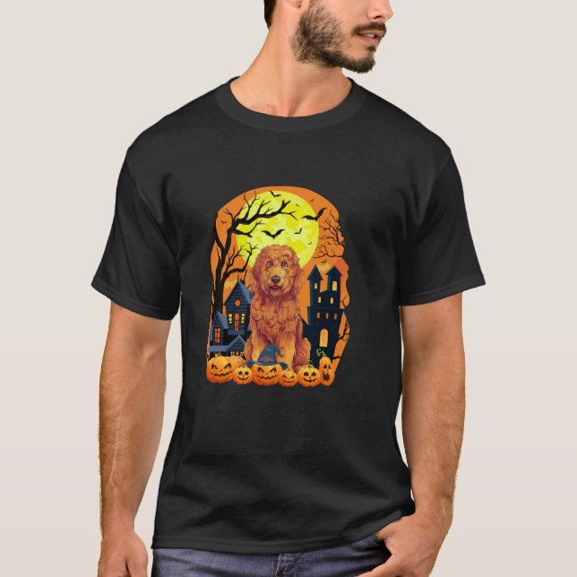Goldendoodle-Hund med pumpkins Funny Scary Hallowe T Shirt (Framsida)
