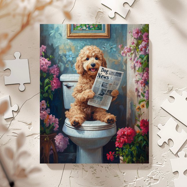 Goldendoodle Hund på Toalett Roligt Pussel (Doodle on Toilet)