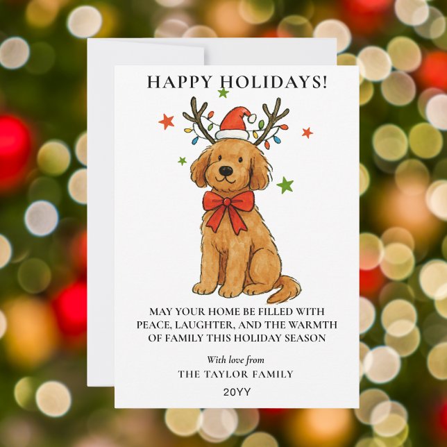 Goldendoodle Hund Renar Horn Valp Jul Julkort (Goldendoodle Dog Reindeer Antlers Puppy Christmas Holiday Card
)
