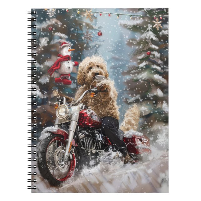 Goldendoodle Hund Riding Motorcle jul Anteckningsbok (Framsidan)