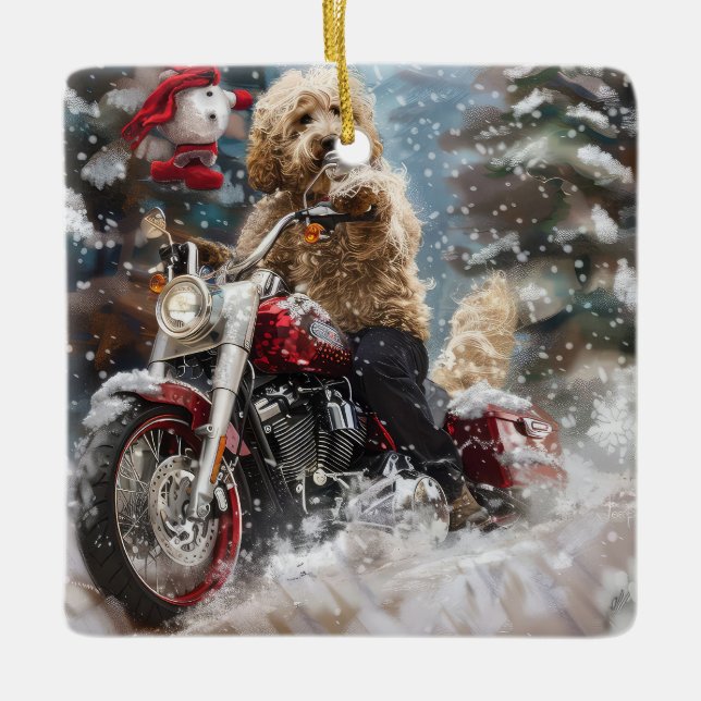 Goldendoodle Hund Riding Motorcle jul Julgransprydnad Keramik (Framsida)