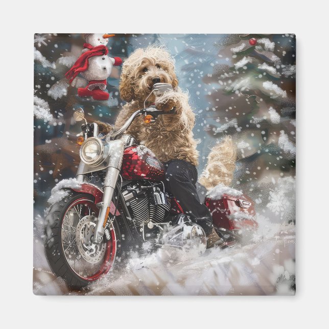 Goldendoodle Hund Riding Motorcle jul Magnet (Framsidan)
