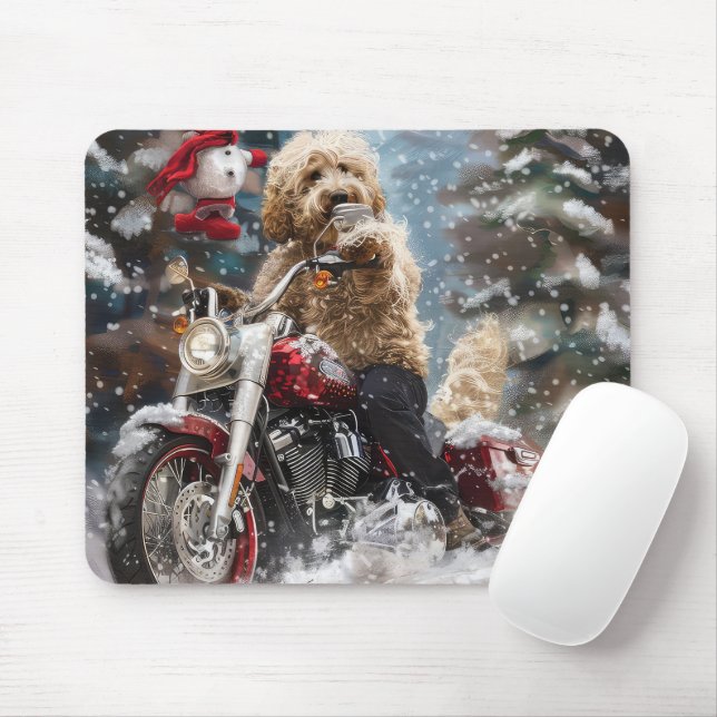 Goldendoodle Hund Riding Motorcle jul Musmatta (Med mus)