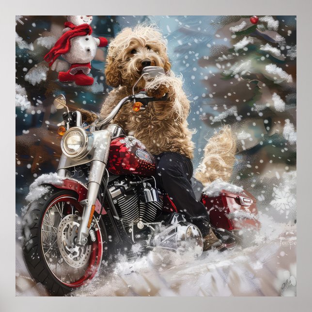 Goldendoodle Hund Riding Motorcle jul Poster (Framsidan)