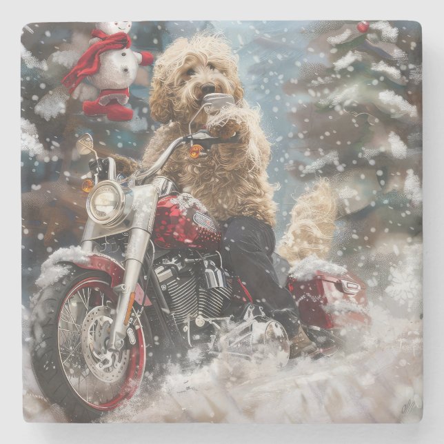 Goldendoodle Hund Riding Motorcle jul Stenunderlägg (Framsidan)