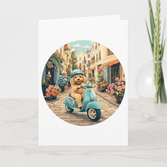 Goldendoodle Hund Riding Scooter European Streets Kort (Framsida)
