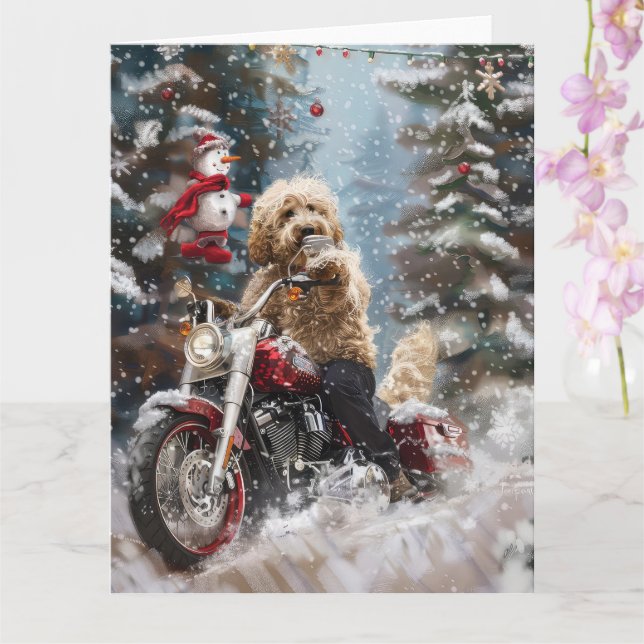Goldendoodle Hund Ridning Motorcykel Jul  Kort (Orkide)