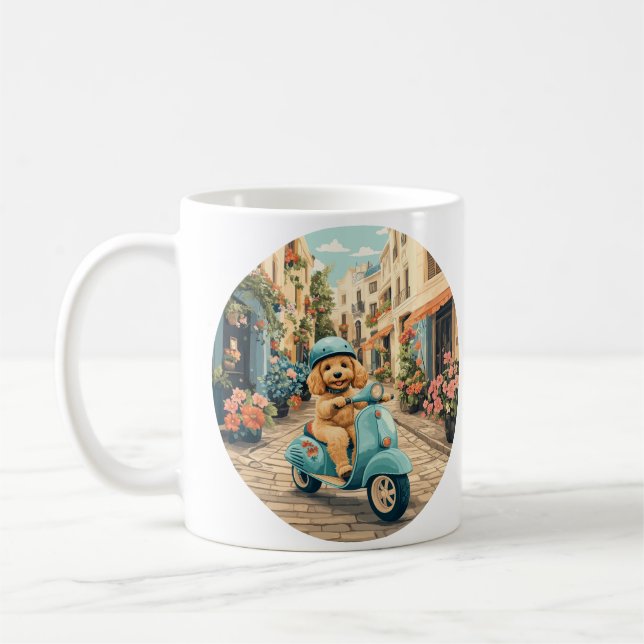 Goldendoodle Hund Ridning Skoter Europeiska Gator Kaffemugg (Vänster)