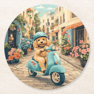 Goldendoodle Hund Ridning Skoter Europeiska Gator Underlägg Papper Rund