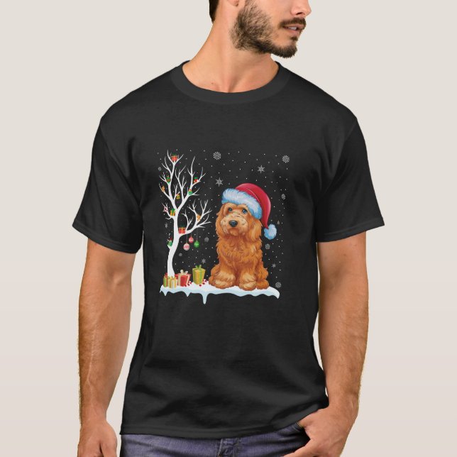 Goldendoodle Hund Santa Hat Festive Träd Light Jul T Shirt (Framsida)