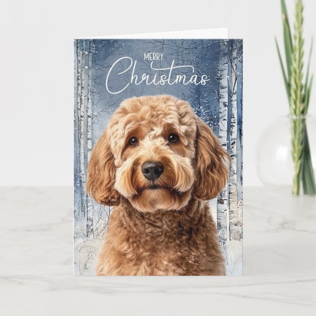 Goldendoodle Hund Snöig Vinter Skog Jul Helgkort (Framsida)