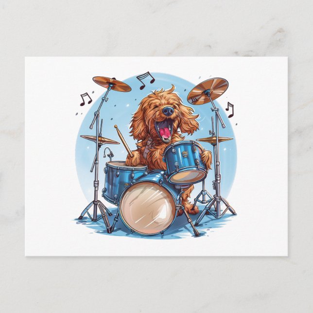 Goldendoodle Hund Spelande Drums Vykort (Framsida)
