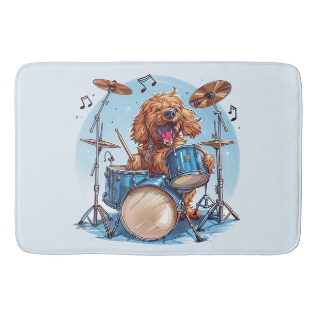 Goldendoodle Hund Spelar Trummor Badrumsmatta (Framsidan)