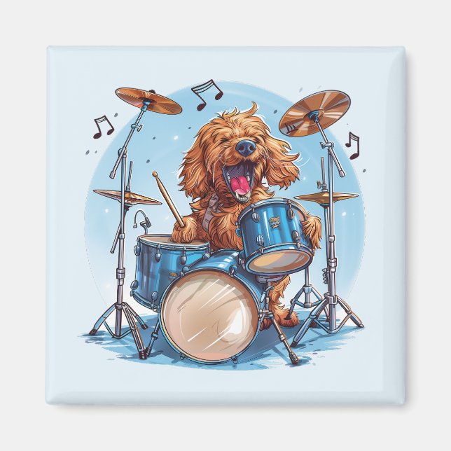 Goldendoodle Hund Spelar Trummor Magnet (Framsidan)