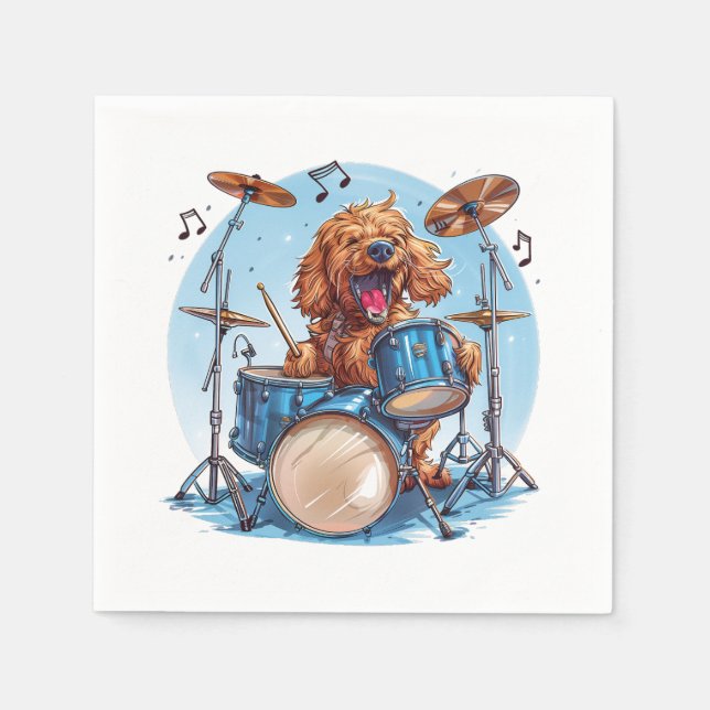 Goldendoodle Hund Spelar Trummor Pappersservett (Framsidan)