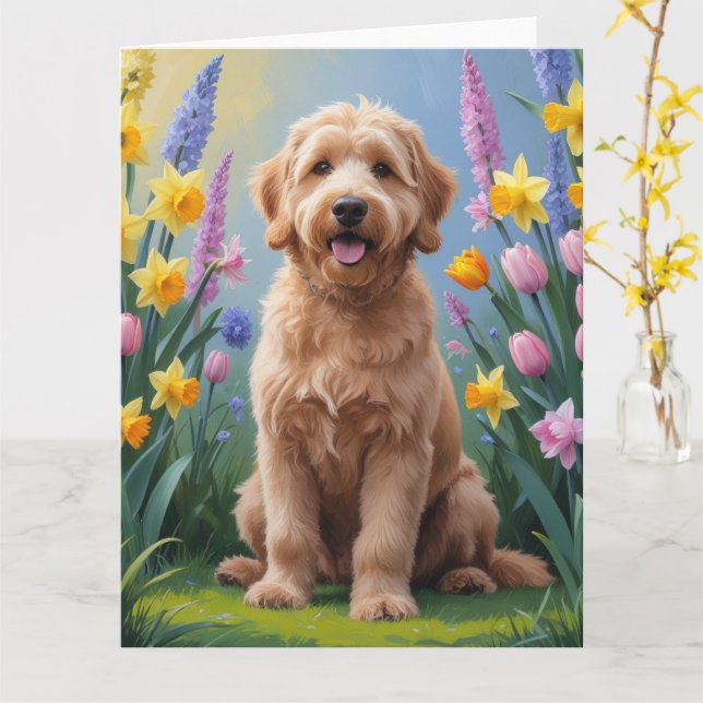 Goldendoodle Hund Vårblommor Målning Kort (Gul blomma)