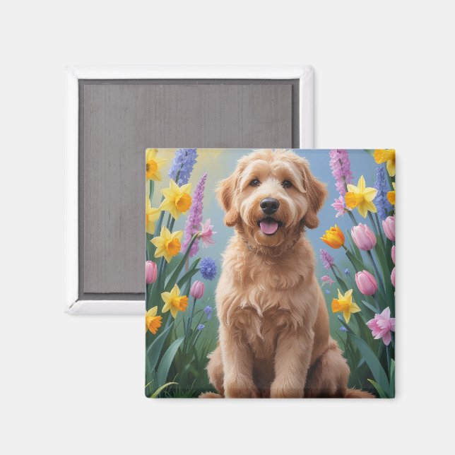 Goldendoodle Hund Vårblommor Målning Magnet (Front/Back)