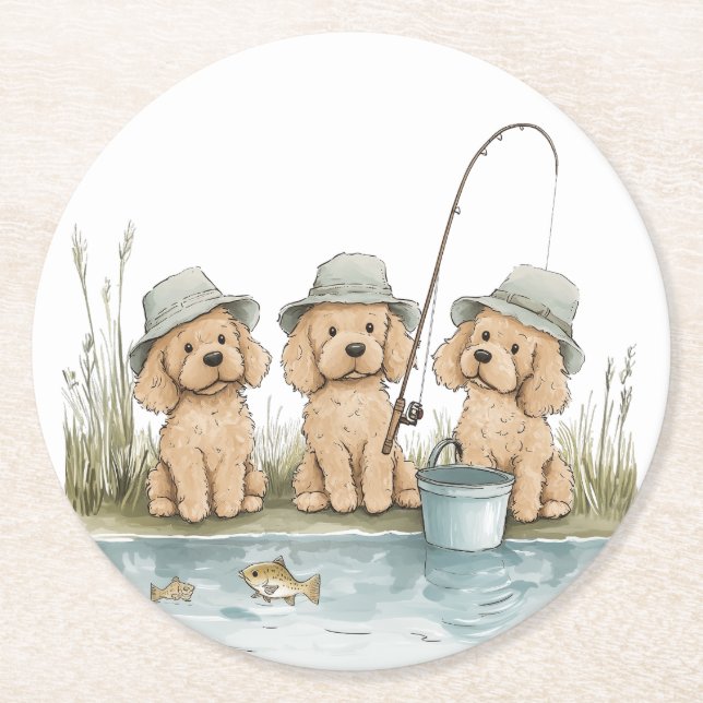 Goldendoodle Hundar Fiske Underlägg Papper Rund (Framsidan)