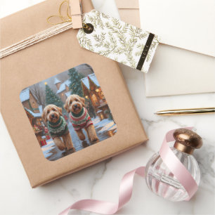 Goldendoodle Hundar Jul Snö Högtid Fyrkantigt Klistermärke