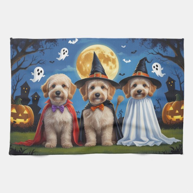 Goldendoodle Hundar Pumpkin Halloween Funny Kökshandduk (Horisontell)
