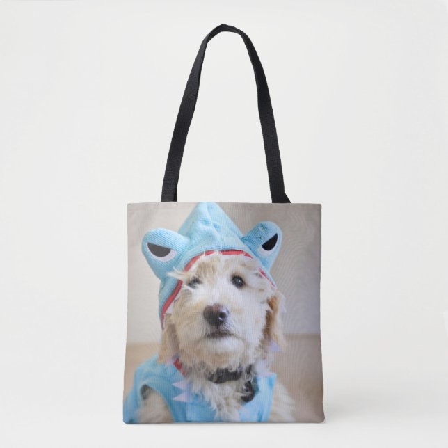 Goldendoodle i hajkostym tygkasse (Framsida)