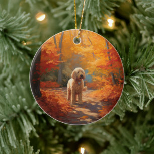 Goldendoodle i Höst löv Fall Inspire Julgransprydnad Keramik