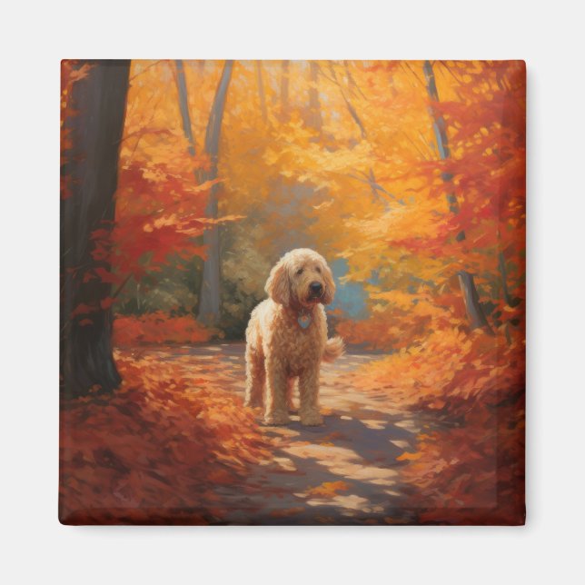 Goldendoodle i Höst löv Fall Inspire Magnet (Framsidan)