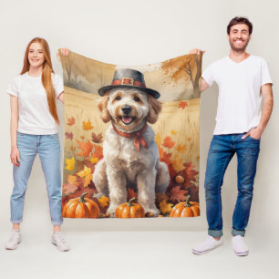 Goldendoodle i höstlöv Thanksgiving Konst Fleecefilt