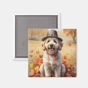 Goldendoodle i höstlöv Thanksgiving Konst Magnet