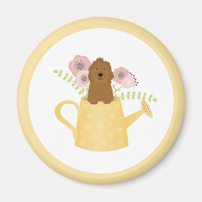 Goldendoodle in Watering Can Gult Magnet (Framsidan)