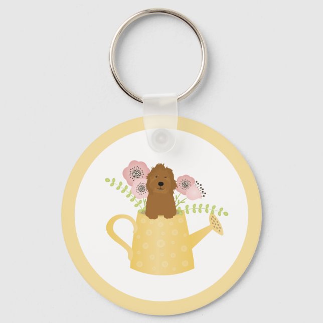 Goldendoodle in Watering Can Gult Nyckelring (Framsida)