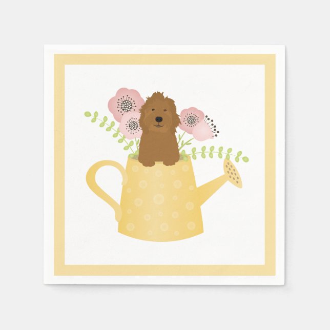 Goldendoodle in Watering Can Gult Pappersservett (Framsidan)