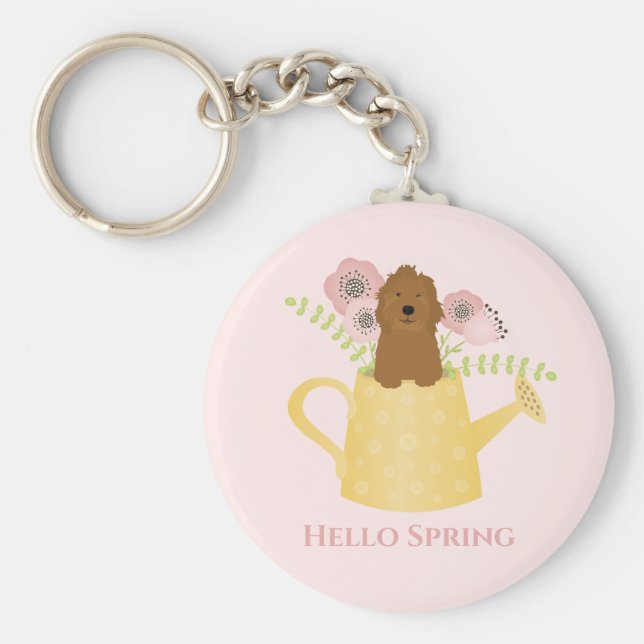 Goldendoodle in Watering Can Nyckelring (Framsidan)