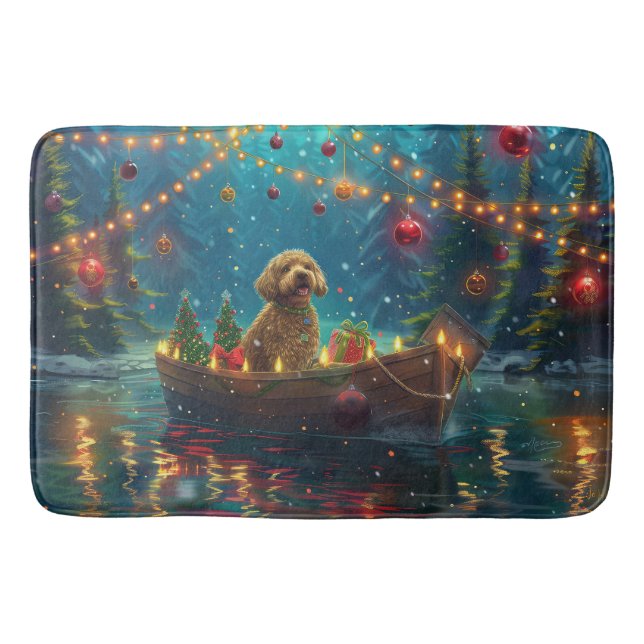 Goldendoodle jul - festlig resa badrumsmatta (Framsidan)