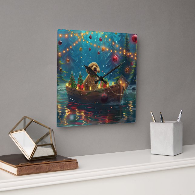 Goldendoodle jul - festlig resa fyrkantig klocka (Kontor)