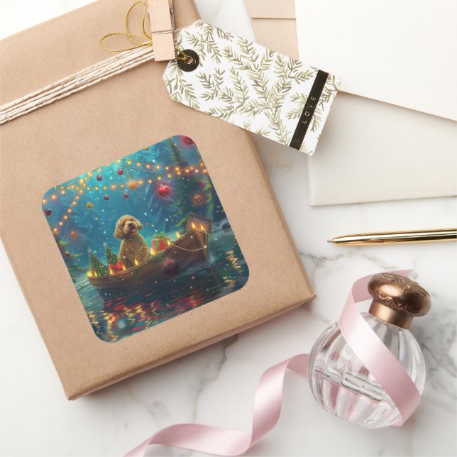 Goldendoodle Jul Festlig Resa Fyrkantigt Klistermärke (Gifting)