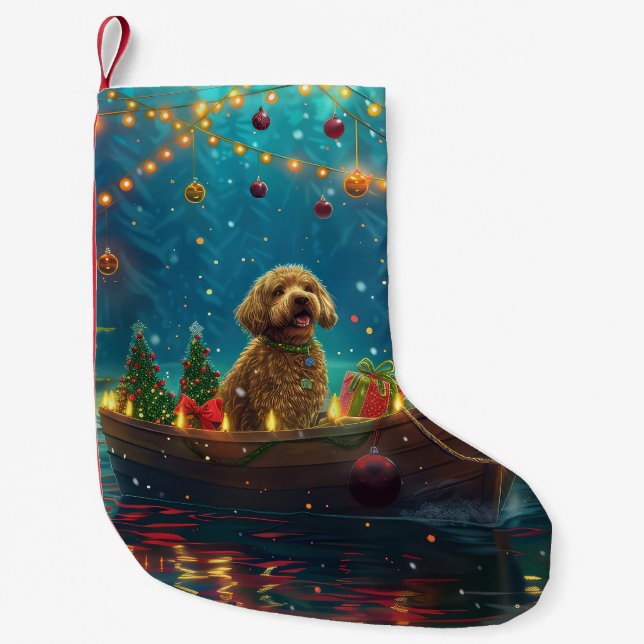 Goldendoodle jul - festlig resa liten julstrumpa (Framsidan)
