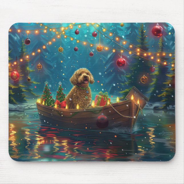 Goldendoodle jul - festlig resa musmatta (Framsidan)