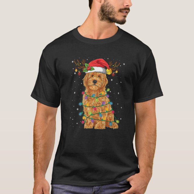 Goldendoodle jul Ljus och Santa Hat Julafton Hund T Shirt (Framsida)