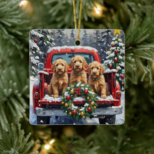 Goldendoodle jul röd lastbil högtid julgransprydnad keramik